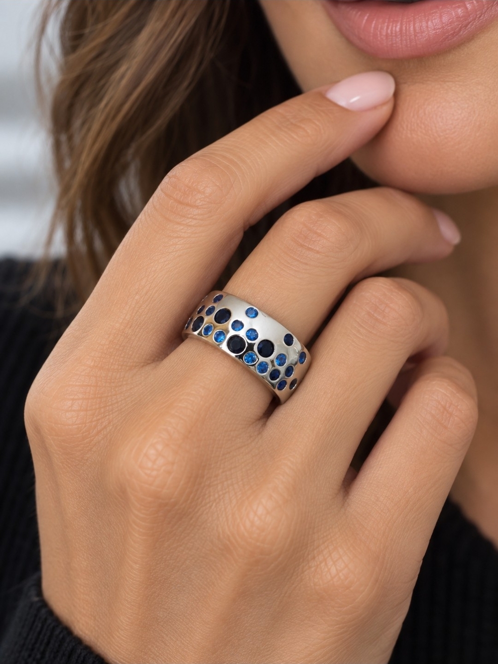 Sterling Silver Wide Band Ring with Blue Stone Accents - BRAND NEW NEVER WORN
